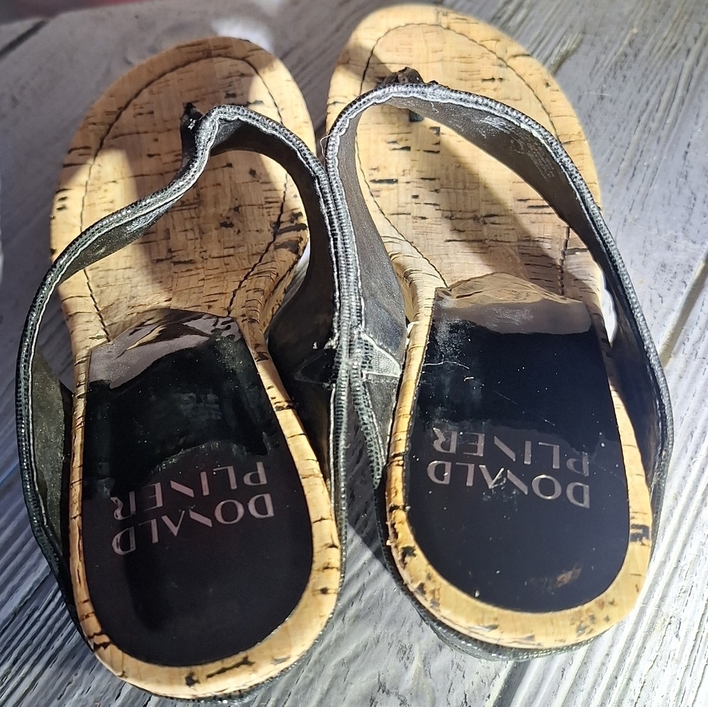 Donald J. Pliner Cork Metallic Black/Tan Leather Upper Malone Wedge Sandals 9 - Picture 4 of 13